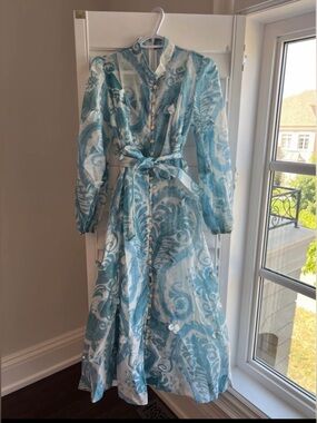 Blue Paisley Button-Front Long Sleeve Midi Dress S/M